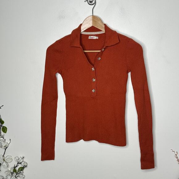 FAHERTY Miki Ribbed Polo Sweater Burnt Brick Orange Sz XS $168 {3Y17} - Picture 2 of 4